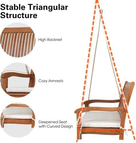 Vista 7 de Tangkula Columpio colgante para porche para 2 personas, columpio de banco al aire libre con cuerdas para colgar, respaldo alto, reposabrazos
