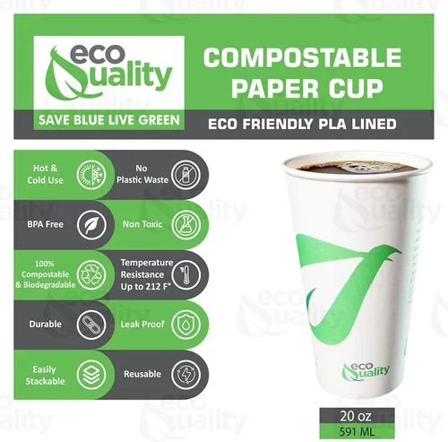 Vista 2 de Vasos de papel compostables de 20 onzas – Tazas de café de papel blanco biodegradables desechables con forro de ácido poliláctico – Copas ecológicas