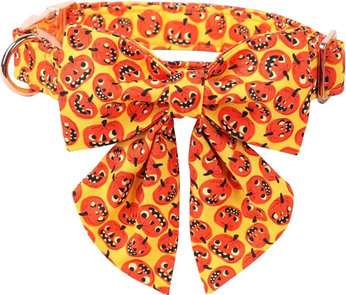 Vista 6 de Lionet Paws Collar de Halloween para perro, lindo collar de algodón ajustable para otoño con corbatín para perro pequeño, mediano y grande, regalo