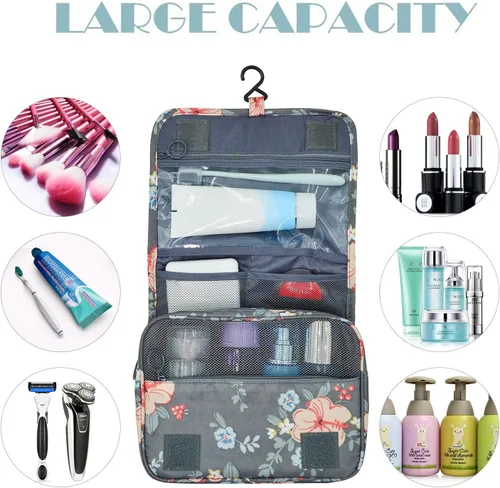 Vista 2 de Neceser portátil para viajes, con gancho, impermeable, organizador de maquillaje, cosmetiquero para mujeres y niñas, Flores grises profundas.)