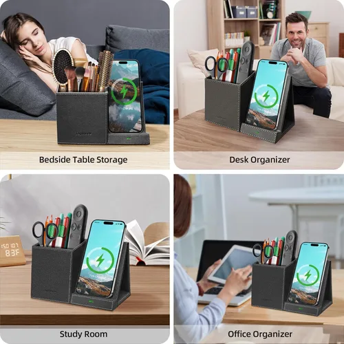 Vista 5 de TopMade Cargador inalámbrico con soporte para lápiz para bolígrafo, organizador de mesita de noche de escritorio multifuncional de cuero, estación