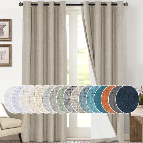 Vista 98 de Cortinas con textura de lino 100% opacas de 64 pulgadas de largo, juego de 2 paneles de cortinas de lino opacas con forro aislante térmico que Arena