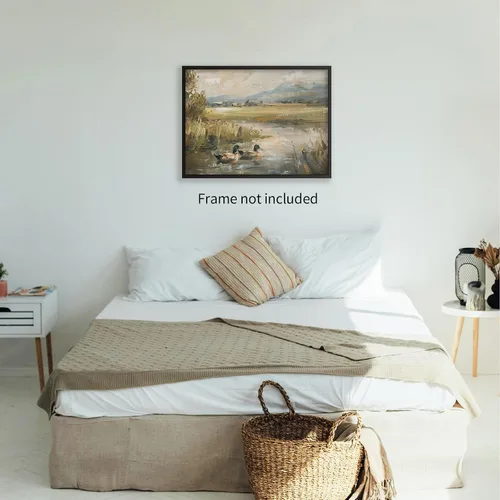 Vista 6 de Haitunone Póster de estanque de pato real con animales de granja, arte de pared, pintura de pato vintage, pintura al óleo, cazador de pájaros