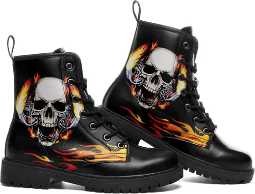 Vista 3 de Botas de combate negras personalizadas para mujer, con lazada, estilo cráneo y rosa, botas de tacón grueso y plataforma de cuero