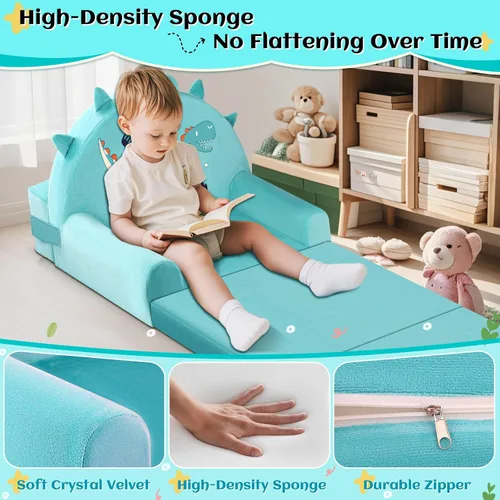 Vista 7 de Sofá cama de dinosaurio para niños con funda extraíble lavable y respaldo de cinta mágica - Silla plegable para niños pequeños, cómodos muebles