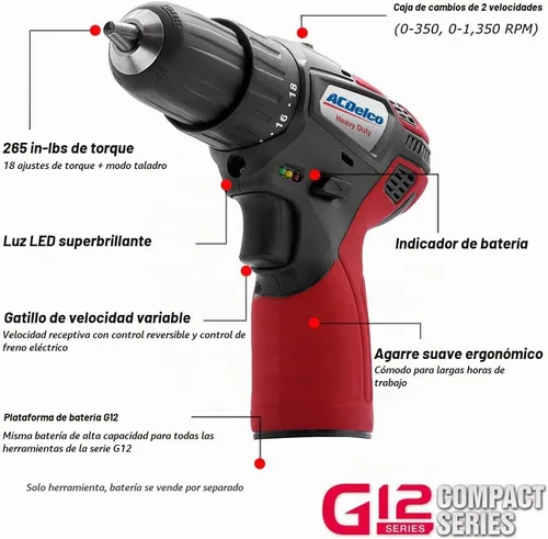 Vista 4 de ACDelco ARW1209-K16 Serie G12 12V Li-ion Inalámbrico 3/8" Llave de trinquete y taladro compacto Kit de herramientas combinado