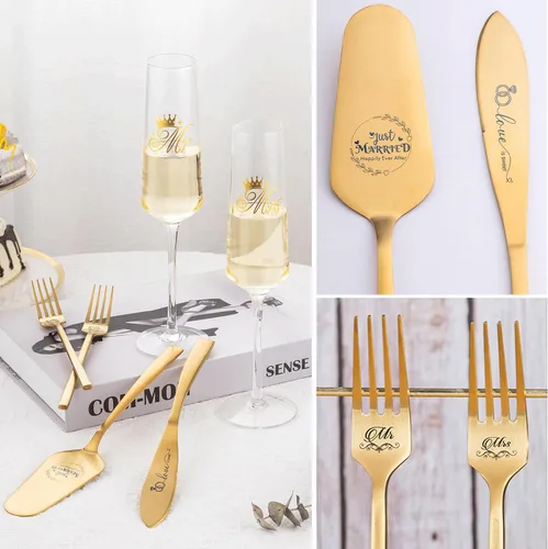 Vista 2 de Juego de cuchillo y servidor para pastel de boda, copas de champán para regalos de despedida de soltera Dorado