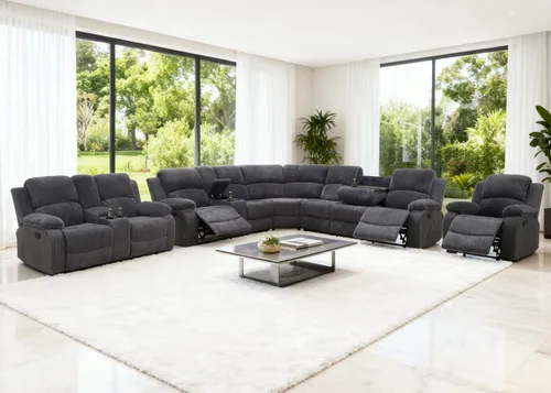 Vista 10 de Juego de sofá seccional reclinable manual, juegos de muebles de sala de estar, sofá seccional en forma de L y 2 sillas, cómodo sofá reclinable