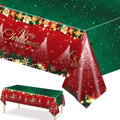 Vista 3 de 3 manteles de Navidad desechables, 54 x 108 pulgadas, mantel rectangular de plástico rojo con árbol de Navidad, muñeco de nieve, reno, Papá Noel