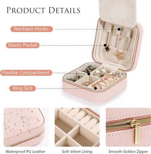 Vista 3 de Emibele Joyero de viaje, estuche pequeño de piel sintética, organizador de joyas de viaje de 3 capas para mujeres y niñas, estuche de viaje