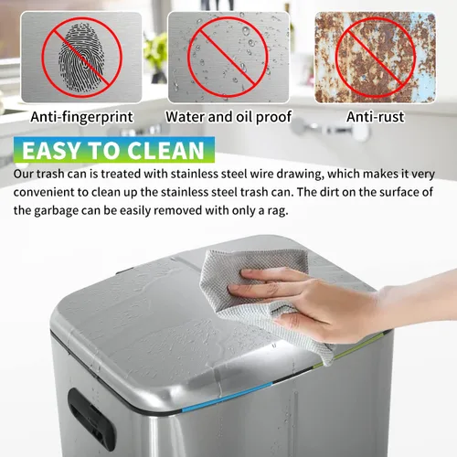 Vista 3 de Bote de basura de metal de doble escalón, de 10 galones, de acero inoxidable de 40 litros, con tapa de cierre suave, antihuellas, diseño silencioso