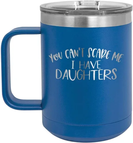 Vista 11 de You CANT SCARE ME I Have DAUGHTERS Taza de café negra de 15 oz con tapa deslizante Taza de café de viaje aislada Ideas de regalo del día