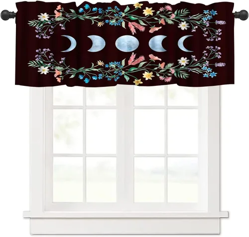 Vista 4 de Cortinas con cenefa floral de luna para ventanas de cocina, fase de flores silvestres, jardín, bohemio, primavera, naturaleza, cortina de ventana