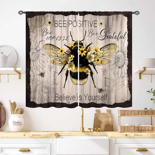 Vista 35 de Cortinas infantiles de abejas, cortinas de campo de primavera de acuarela de girasoles florales de nido de abeja, adorables abejas, cortinas