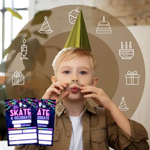 Vista 6 de Invitaciones de cumpleaños con sobres (paquete de 20), 4 x 6 pulgadas, estilo de patinaje sobre ruedas de neón, invitaciones para fiesta