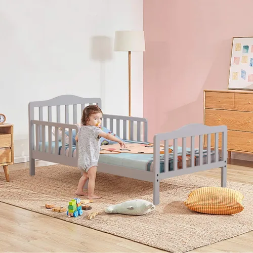 Vista 5 de Costzon Cama infantil, marco de cama clásico de madera para niños con doble barandilla de seguridad, diseño bajo al suelo, soporte de listones