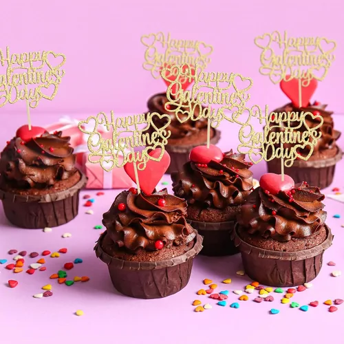 Vista 4 de 24 piezas de decoración de cupcakes con purpurina dorada para el día de San Valentín, temática de San Valentín, fiesta de cumpleaños, suministros