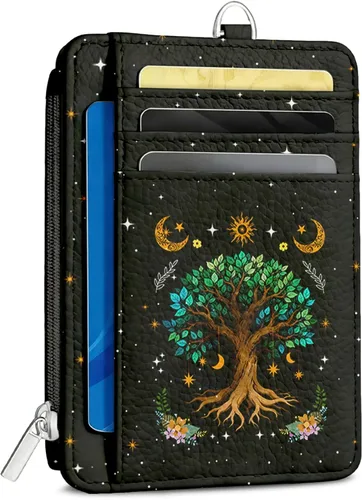 Vista 23 de Cartera delgada para mujer - Soporte para tarjetas de crédito con bloqueo RFID, cartera de piel sintética con ventana de identificación y bolsillo