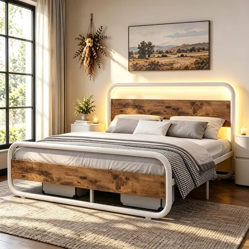 Vista 13 de Catrimown - Marco para cama individual con luces LED, marco de cama plataforma individual resistente de metal rústico con cabecera de madera Negro