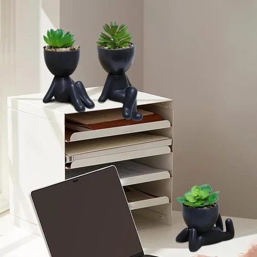 Vista 5 de Zerzsy 3 plantas suculentas artificiales con macetas creativas de cerámica en forma de humano, mini plantas en maceta, plantas falsas de baño Negro
