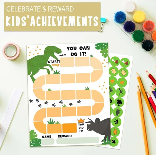 Vista 7 de Tabla de 20 recompensas de dinosaurios con 432 calcomanías redondas, tabla de comportamiento de incentivos para niños en el aula en casa, tabla