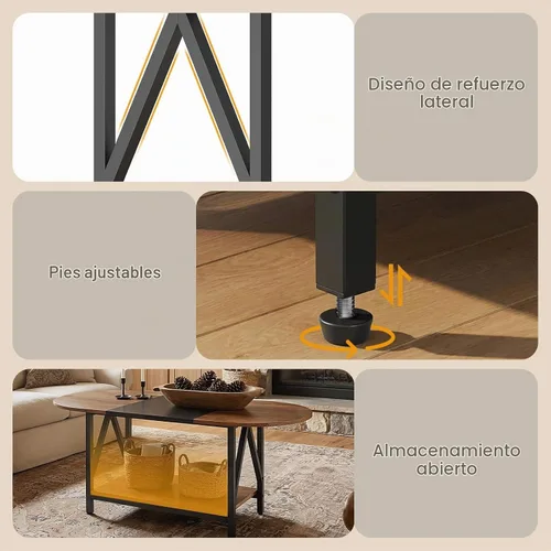 Vista 8 de HOOBRO Mesa auxiliar para sala de estar, mesa de centro ovalada de 2 niveles, mesa central Industrail con estante abierto, para espacio pequeño
