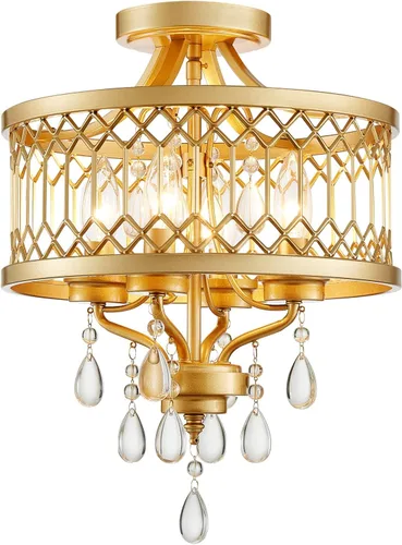 Vista 14 de Lámpara de techo de cristal, moderna lámpara de araña pequeña, lámpara de techo semiempotrada dorada de granja, accesorios de iluminación de pasillo