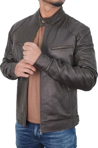 Vista 3 de Chaqueta de cuero de piel de cordero real para hombre, chaqueta de cuero casual estilo moto clásico con cuello de pestaña a presión