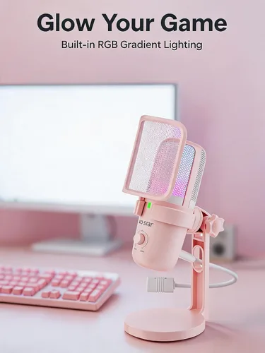 Vista 5 de Micrófono condensador USB rosa para juegos, micrófono de PC con 2 patrones de pastilla, luz RGB, toque para silenciar, 96 KHz/24 bits para Rosa