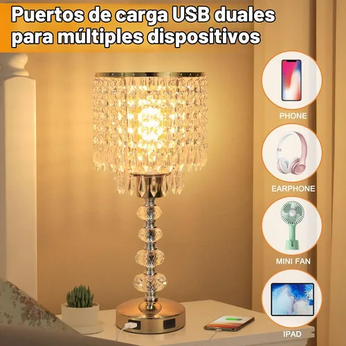 Vista 3 de Lámpara de mesa de cristal con control táctil, regulable de 3 vías, lámpara pequeña para mesita de noche con 2 puertos de carga USB, lámpara de mesa