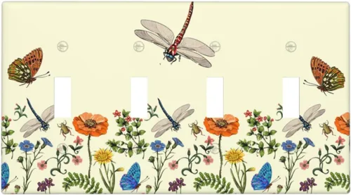 Vista 167 de Placa de Pared en Blanco de 1-Gang Sin Dispositivo Beige Lindo Vintage Boho de los 70s Hongo Fungus Planta Floral Botánica Libélula Interruptor