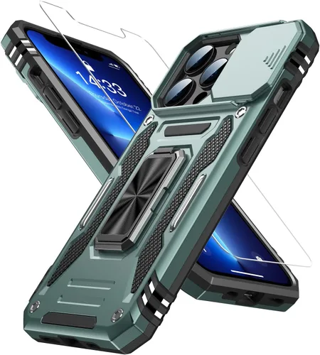 Vista 19 de MERRO Funda para iPhone 13 Pro con protector de pantalla, protección de cámara deslizante, funda resistente de grado militar con soporte magnético