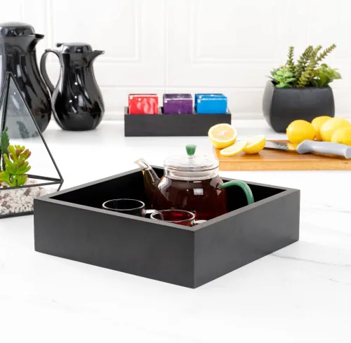 Vista 6 de Restaurantware Bandeja de madera de 10 x 3 pulgadas, 1 caja de madera cuadrada duradera, resistente a las astillas, bandeja de madera de bambú negro