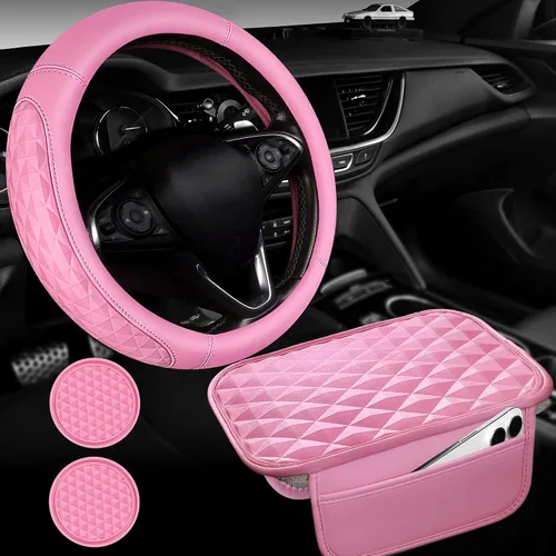 Vista 10 de CAR PASS Juego de fundas de cuero de espuma viscoelástica 3D para volante de automóvil, cómodo cojín de cuero de rombo para consola central con Negro