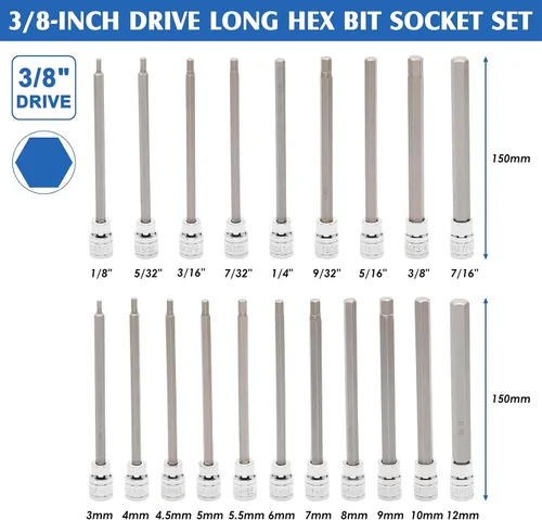 Vista 2 de MIXPOWER 32 piezas 3/8" de transmisión Extra Largo Juego de llaves hexagonales y Torx, SAE y métrico (1/8"-7/16", 3mm-12mm, T10-T60), Longitud