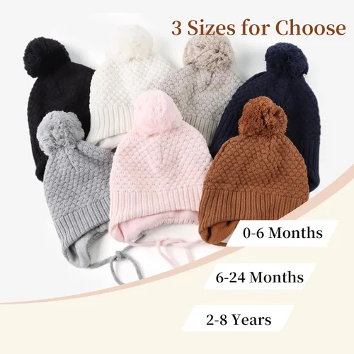 Vista 6 de Sombrero de invierno para bebé niña con forro de lana para niños pequeños, gorro de punto con orejeras con pompón, de 0 a 8 años 3 unidades-A.