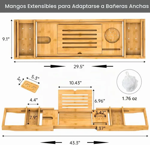Vista 6 de Bandeja de Bañera de Bambú para Baño de Lujo, Bandeja de Baño Premium Expandible con Soporte para Jabón/Toalla/Libro, Accesorios de Baño Ajustables