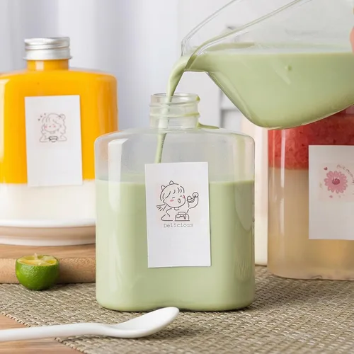 Vista 5 de Elsjoy Paquete de 24 botellas de plástico para jugo de 8.5 onzas con tapas, botella vacía reutilizable, recipiente pequeño transparente