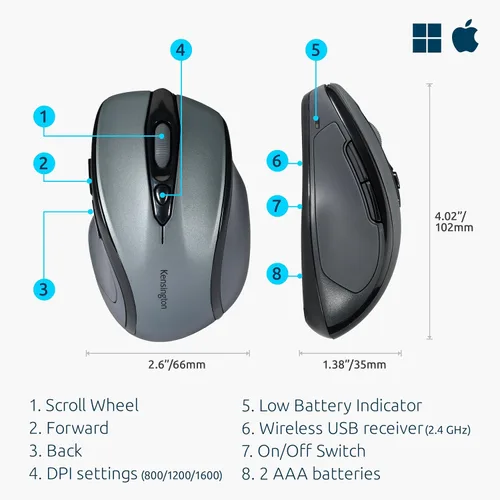 Vista 3 de Kensington Mouse inalámbrico Pro Fit de tamaño medio, gris grafito (K72423AM)