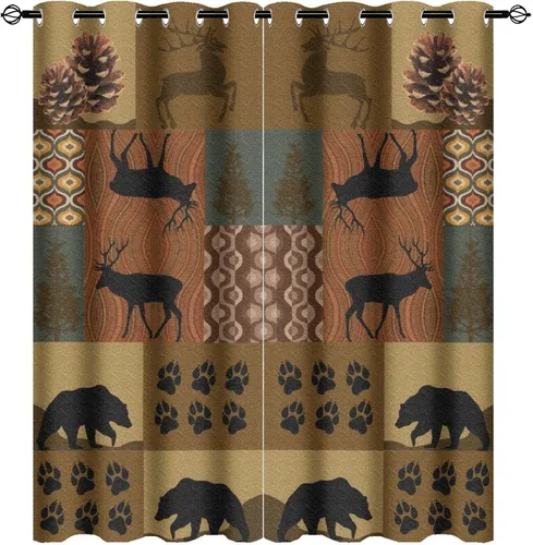 Vista 28 de Cortinas de oscurecimiento estilo campestre con osos, alces y ciervos, cortinas opacas para ventanas con ojales, tratamiento de ventanas eficiente