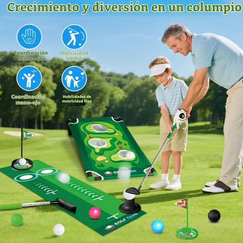 Vista 6 de TERRAMUS Juego de golf 3 en 1 para niños con devuelvedor automático de dinosaurio, tablero de Cornhole de golf, bolas con luz LED, alfombra de putt