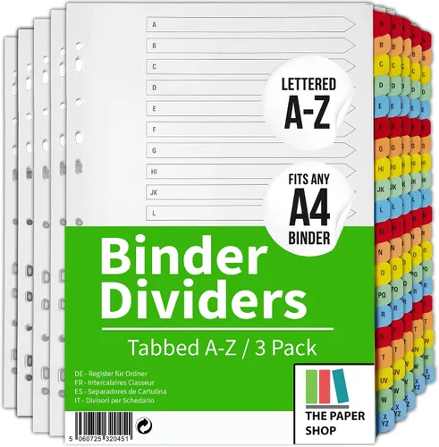 Vista 9 de Divisores de carpetas A-Z con pestañas A4 Divisores del alfabeto para carpeta de 3 anillas Perfecto para organizar páginas en 3 separadores
