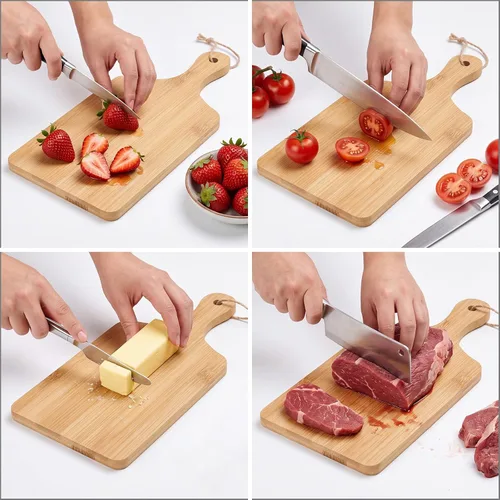 Vista 3 de Tanlade 100 tablas de cortar a granel de 9 x 4 pulgadas, tabla de cortar de bambú con mango de madera, tablón de charcutería grabado para servir