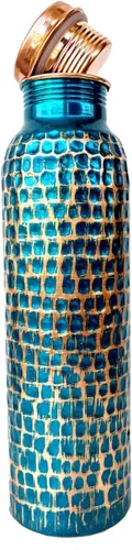 Vista 6 de Rastogi Handicrafts Pote azul martillado cobre puro del tanque de almacenamiento del agua capacidad de 4 litros con la caída y la botella de cobre