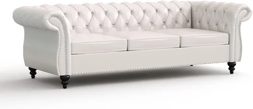 Vista 4 de Sofá grande de poliuretano, conjunto de sofá moderno, sofá clásico copetudo Chesterfield con respaldo copetudo para sala de estar (blanco 1+3)
