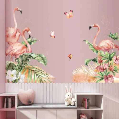 Vista 4 de RW-C328 Calcomanías de pared de flamenco rosa, plantas verdes tropicales, flores, calcomanías de pared para bricolaje, flamenco, floral, mariposa