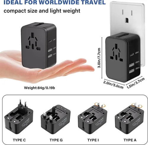 Vista 2 de Adaptador de enchufe de viaje con 2 USB A+1 USB C, adaptador de viaje universal todo en uno, convertidores de corriente, cargador de pared