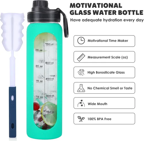 Vista 2 de Botellas de agua de vidrio de 32oz con funda de silicona, botellas de hidratación para beber, reutilizables, borosilicato, boca ancha, cantimplora