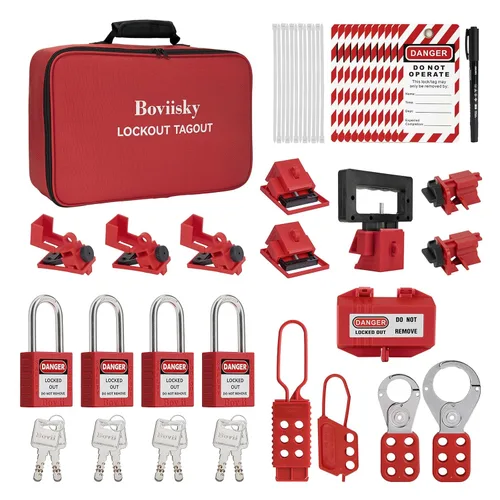 Vista 10 de Kit de etiquetado de bloqueo con candados de seguridad rojos, juego de cerrojos, etiquetas de loto, kits de etiquetas de bloqueo eléctrico, llave