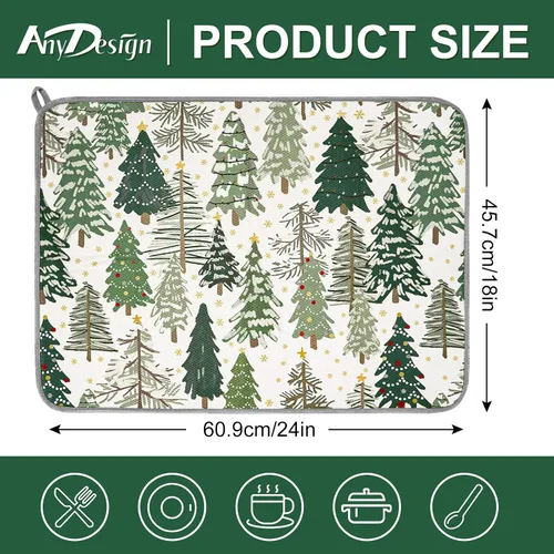 Vista 2 de AnyDesign Tapete para secar platos de Navidad. Árbol de Navidad absorbente. Protector de escurridor de platos. Tapete seco de bosque forestal.